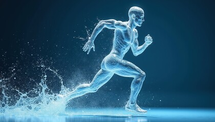 Obraz premium Man formed from water splashes runs fast. Body appears translucent. Motion creates liquid wave trail. Represents speed, fluidity, and athletic power.
