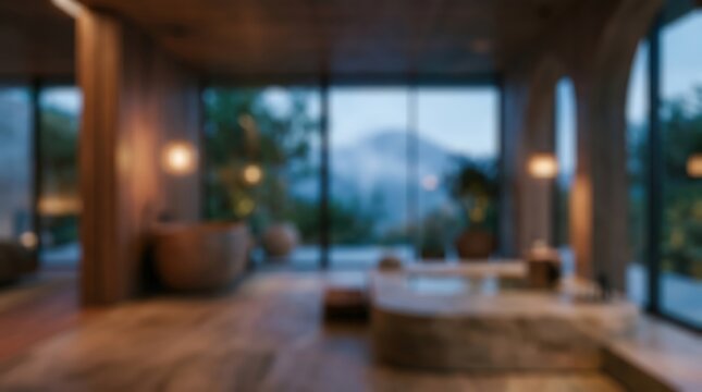 Blurred luxury hotel spa interior modern villa mountain view architecture resort lounge design wellness retreat