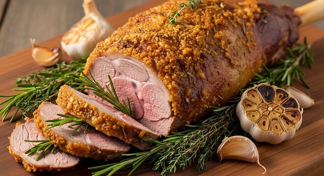 Roasted pork loin with herbs and garlic on a wooden board. pierna cordero