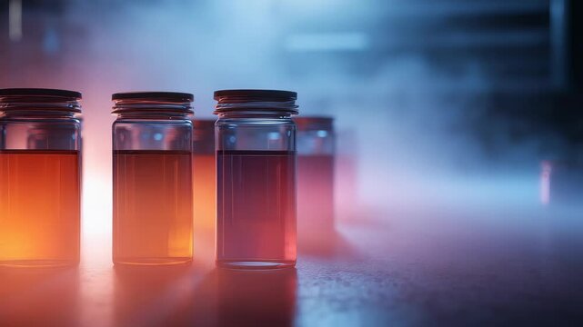 Glass jars filled with mysterious colorful liquid stand on a laboratory table surrounded by dramatic blue and pink mist. Futuristic science environment with glowing reflections and moody lighting