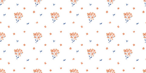 Fototapeta premium Seamless botanical watercolour pattern with flowers bouquets on white background, small spring foliage, elegant endless backdrop for fabric