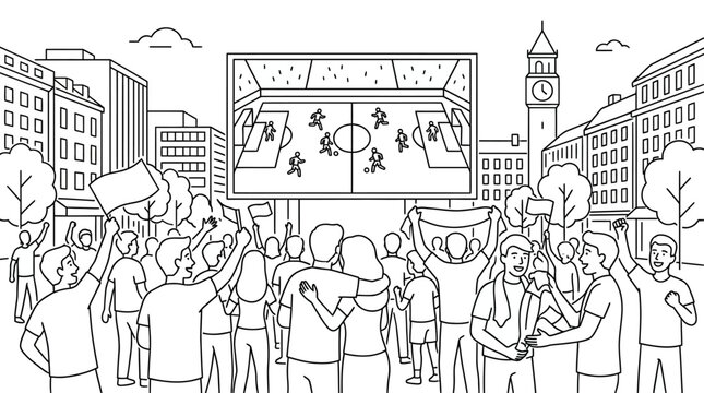 A large crowd of enthusiastic fans watching a football match on a big screen in a bustling city square with iconic architecture.
