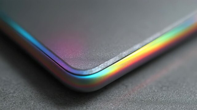 Detailed macro shot of a laptop's metallic corner featuring a rainbow like iridescent edge. The smooth surface and vivid colors emphasize innovation and futuristic digital aesthetics