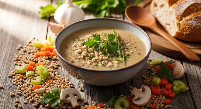 Bowl of healthy lentil soup with fresh herbs served on a dark rustic wooden table. gerstensuppe