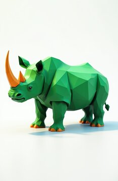 Low poly green rhino illustration with orange horn and feet. Geometric animal art, abstract wildlife design. Modern, simple, clean style on white background.