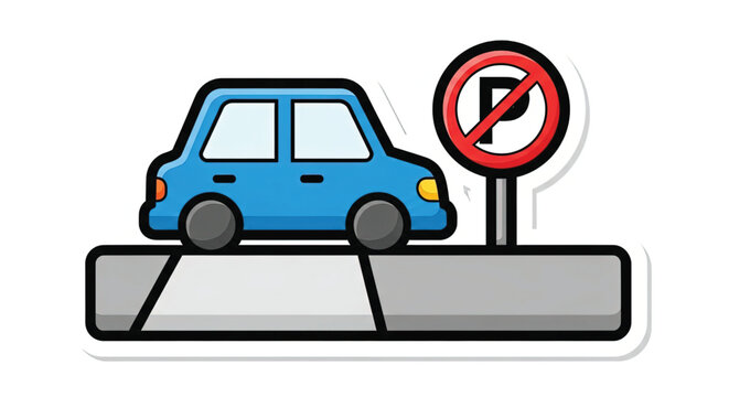 Blue car on road with sign.