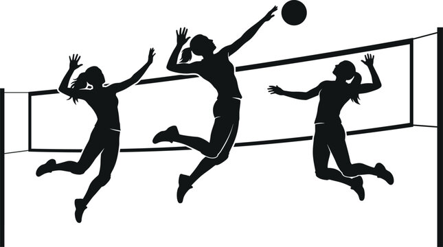 Dynamic female volleyball players silhouette jumping to spike and block ball at net vector illustration for sports tournament banner