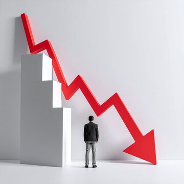 A businessman stands before a giant red downward arrow and blocks, symbolizing financial loss, market crash, and economic recession in a minimalist, highcontrast studio setting.
