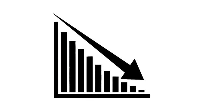 Minimal black silhouette icon, simple flat vector, bold black shape, no, no shading bar chart icon with a downward trend arrow indicating decline or loss on a, flat icon style
