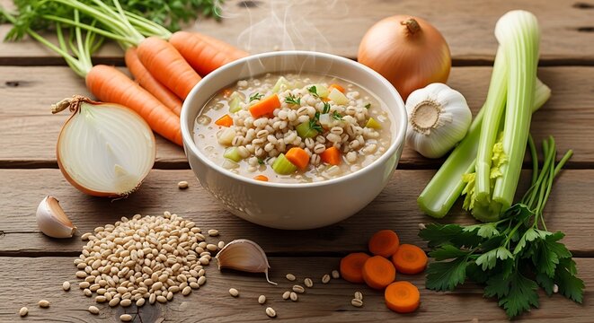 Bowl of fresh vegetable soup with barley and carrots on a dark rustic wooden table. gerstensuppe