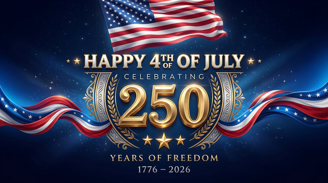 Happy 4th of july 250th anniversary celebration, 17762026, 250 years of freedom, american flag background, patriotic design with gold numbers, stars and stripes, independence day