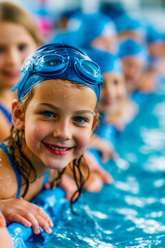 Close-up of a smiling girl wearing a swimming cap. In the background, there are other children wearing mouthguards and a swimming pool with lanes; children's sports, swimming, and summer vacations.