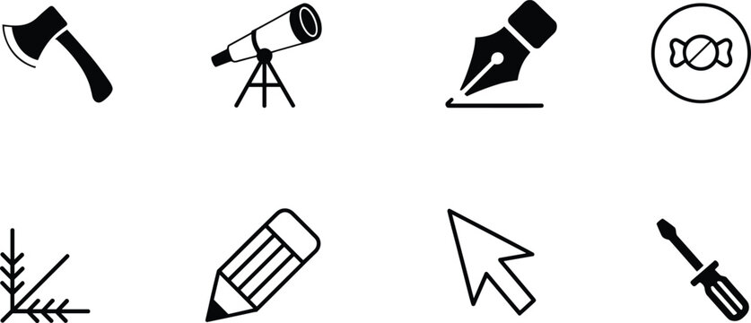 Mixed tool icon vector illustration set, axe telescope pen candy plant pencil cursor screwdriver graphic design collection, symbol art element