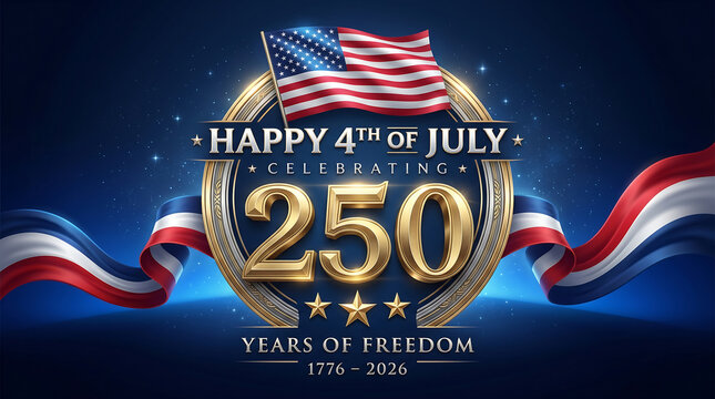 Happy 4th of july celebrating 250 years of freedom, 17762026, usa independence anniversary emblem with gold 250 number, american flag, and patriotic ribbons on a dark blue background