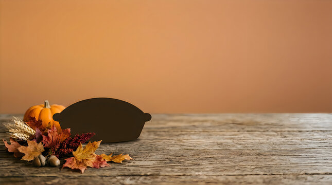 Autumnal thanksgiving still life with blank pie shape sign and seasonal decorations