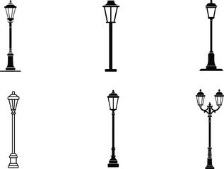 Obraz premium Street lamp silhouettes, vintage lantern post designs, urban lighting vector, outdoor illumination illustration, classic city light artwork