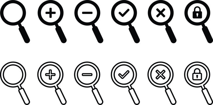 Magnifying glass web search icon set featuring zoom in zoom out checkmark cross mark and security padlock outline glyph symbols