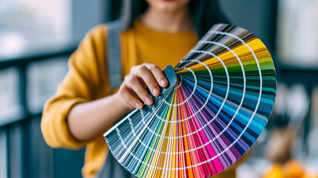 The designer/colorist uses a color palette fan to select shades for printing and interior design, focusing on hands, bright colors, and the selection process.