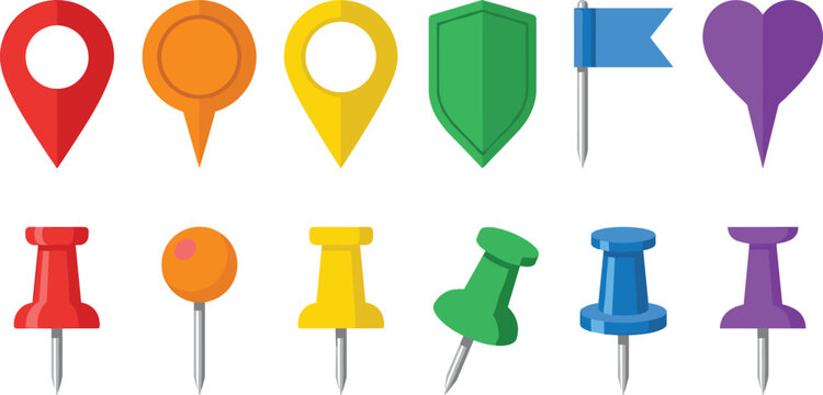 Colorful map pin and push tack collection featuring distinct location pointers flag shield heart shape and office noticeboard thumbtack elements