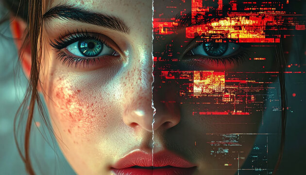 Female face split cyber glitch portrait, digital art closeup with blue eye and red screen effect