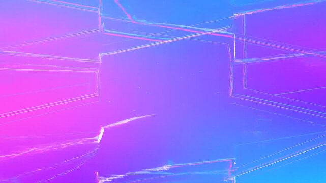 Panning tracking slow glide of abstract neon glitch shapes sliding across triptych digital background in virtual studio environment with shifting color gradients