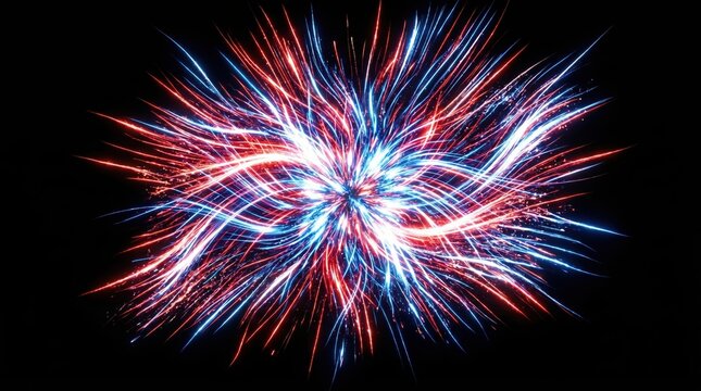 Vibrant red and blue fireworks exploding in the night sky with dynamic streaks
