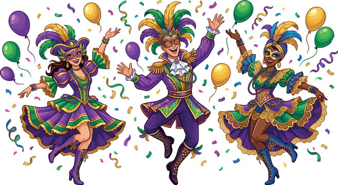  Happy dancers in traditional Mardi Gras costumes jumping with balloons and confetti cartoon festival vector character illustration