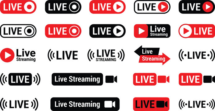 Live streaming icon badge vector set online video broadcast button media podcast play television show recording red interface