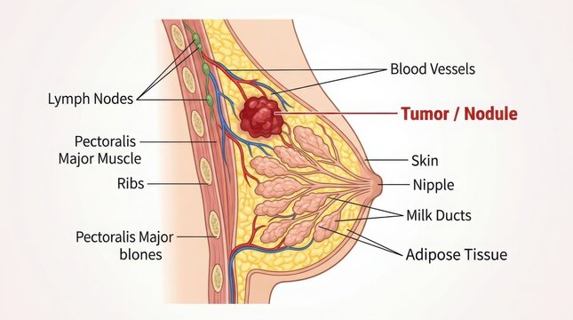 Anatomical diagram of a breast tumor and lymph nodes illustration