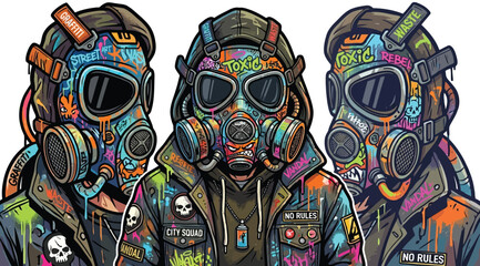 Obraz premium Three characters wearing graffiti painted gas masks