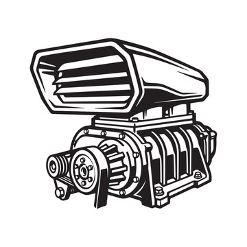 Vintage monochrome illustration of a supercharger with air scoop for racing engines.