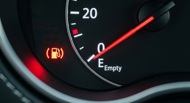 Car fuel gauge showing empty tank with glowing warning light. Low gasoline level indicator on vehicle dashboard. Automotive alert for driver to refueling before running out of fuel.