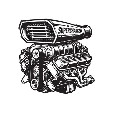 Vintage style supercharged V8 engine illustration.