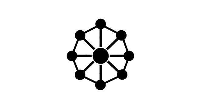 Minimal black silhouette icon, simple flat vector, bold black shape, no, no shading abstract network connection icon, hub and spokes structure, vector illustration on a, flat icon style