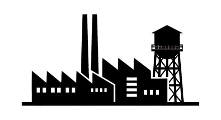 Obraz premium Minimal black silhouette icon, simple flat vector, bold black shape, no, no shading black silhouette of a factory building with smokestacks and a water tower on a, flat icon style