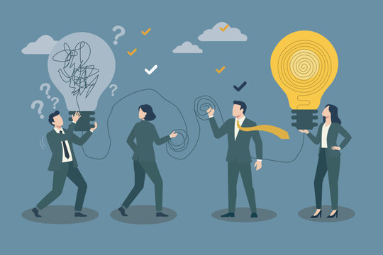 Business Team Untangling Wire from Confused Lightbulb to Bright Idea Concept Vector, Teamwork and Problem Solving Concept
