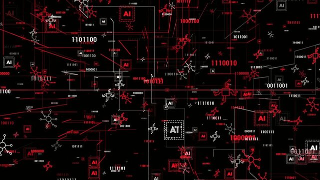 Artificial intelligence technology concept with binary code and circuit board design elements
