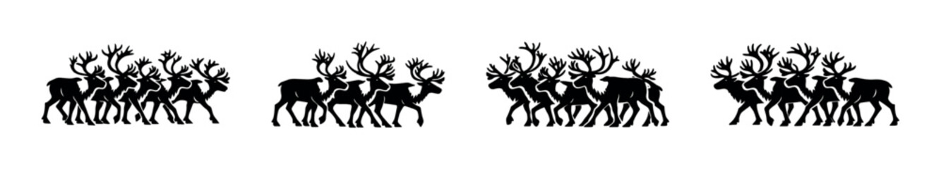 Herd of reindeer silhouettes walking in a line across a white background © Compositor 