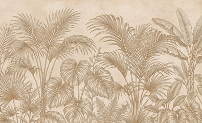 Vintage tropical palm leaf wallpaper, sepia botanical mural with monstera and banana leaves, antique etched jungle plant background for interior decor © T_H_E_A_R_T_I_S_T