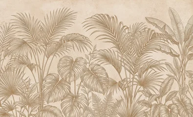 Fotobehang Tropisch Vintage tropical palm leaf wallpaper, sepia botanical mural with monstera and banana leaves, antique etched jungle plant background for interior decor  © T_H_E_A_R_T_I_S_T