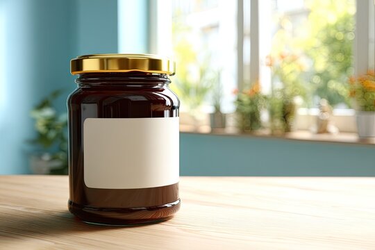 Dark jam jar with blank label sits on a wooden table in bright sunlight