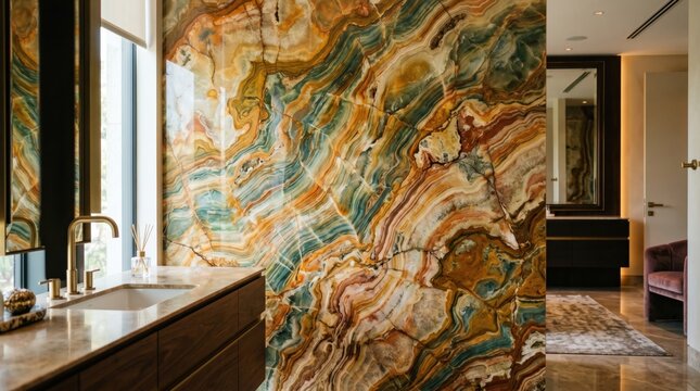Luxury bathroom interior featuring stunning natural onyx marble slab wall with orange and green patterns, modern dark wood vanity cabinet, elegant gold faucet, and upscale home design decor