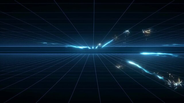 Futuristic neon grid with dynamic light streaks and digital sparks