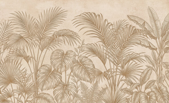 Vintage tropical palm leaf wallpaper, sepia botanical mural with monstera and banana leaves, antique etched jungle plant background for interior decor