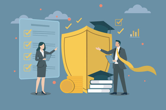 Education Insurance Concept with Protective Shield and College Savings Vector, Education Insurance and Protection Concept