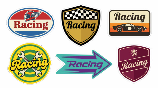 Set of vintage style racing stickers featuring colorful emblems with bold typography and iconic symbols