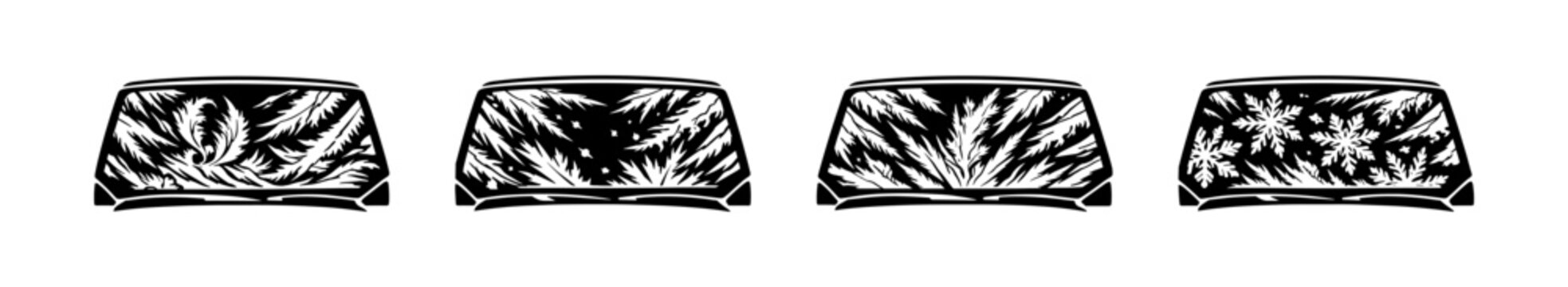 Set of four car windshields with frost and snowflake patterns