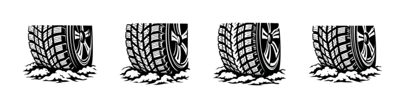 Set of four black and white tire treads digging into snow or dirt