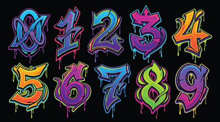 Set of colorful graffiti numbers from 0 to 9, urban street art style font with paint drips and vibrant gradients © S.Siam