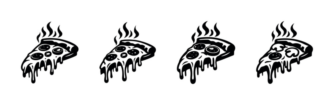 Hot dripping pizza slices with steam, black and white graphic illustration